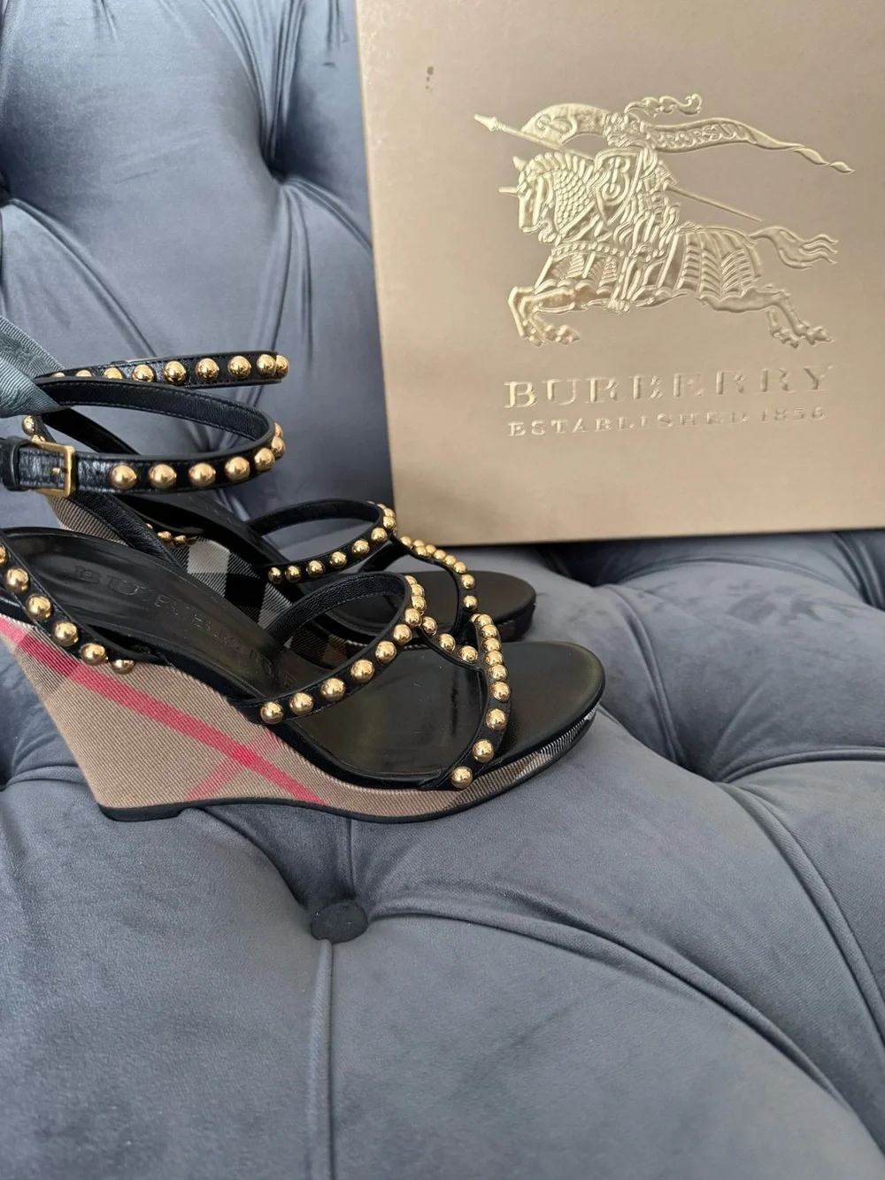 Worn Once! Burberry Black Strappy Studded Check Wedge Sandals